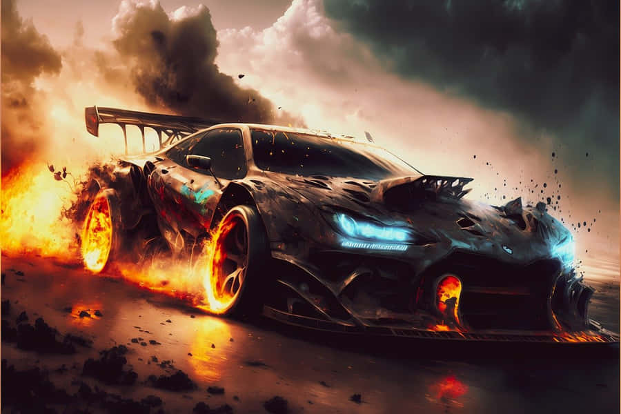 Fiery Race Car Digital Artwork Wallpaper