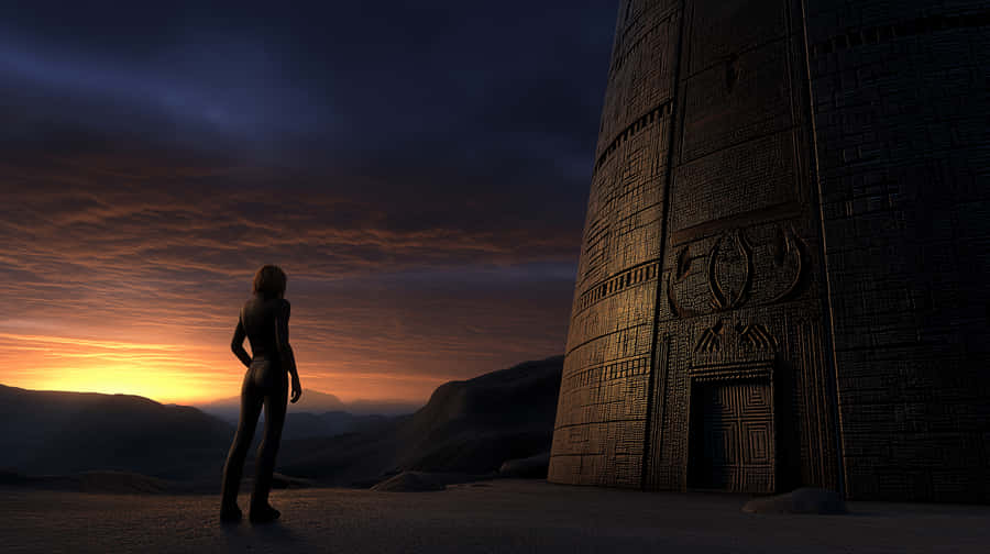 Figure At Sunset Before Alien Monument On Distant World Wallpaper
