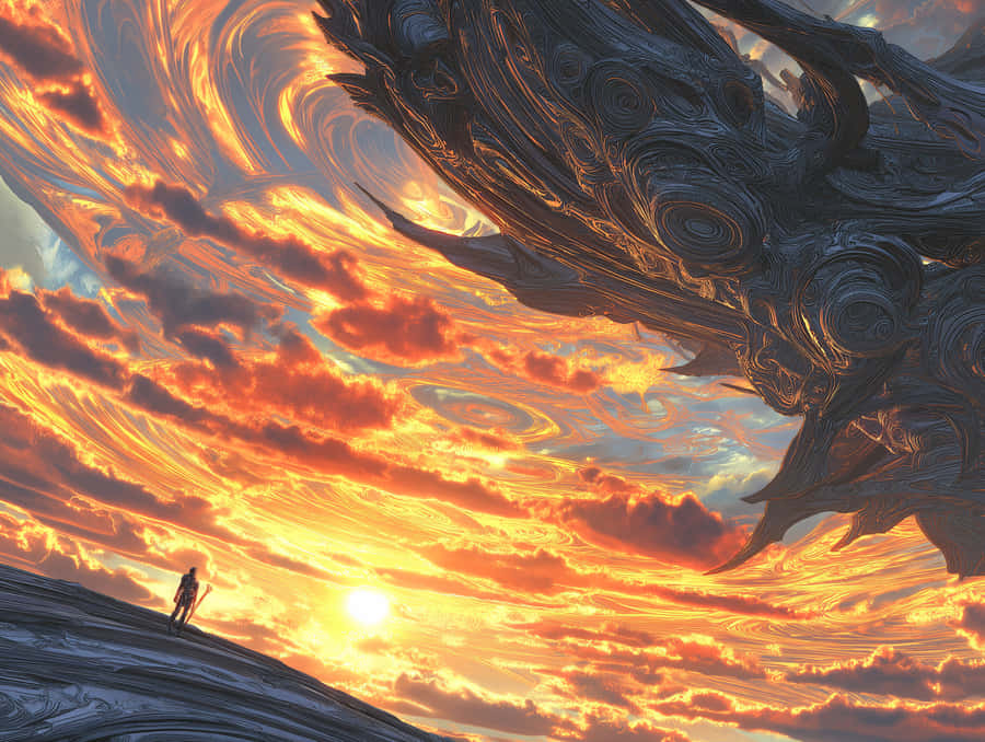 Figure On Alien Landscape Observing Colossal Organic Structure Wallpaper