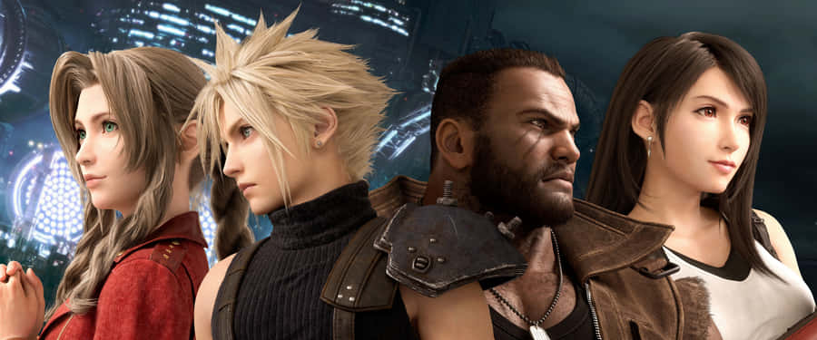 Final Fantasy Characters Cityscape Backdrop Wallpaper