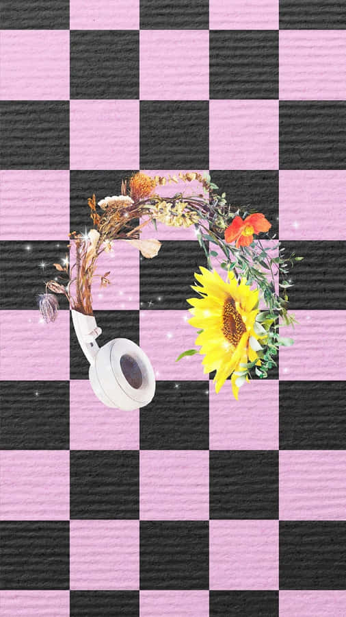 Floral Headphoneson Checkered Background Wallpaper