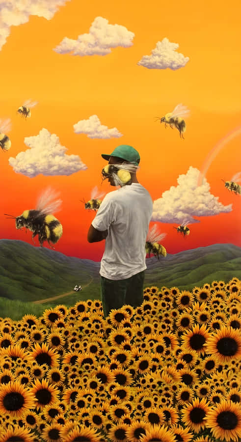 Flower Boy Among Sunflowers Wallpaper