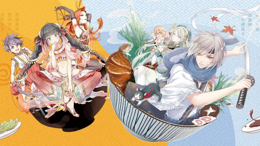 Food Fantasy Charactersin Sushi Boats Wallpaper