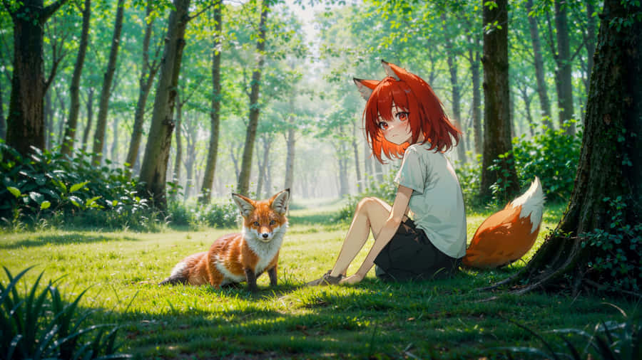 Fox Girl In Forest Wallpaper