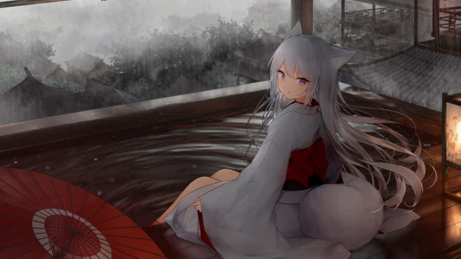 Fox Girl In Hot Spring Wallpaper