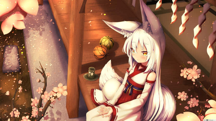 Fox Girl In Traditional Attire Wallpaper