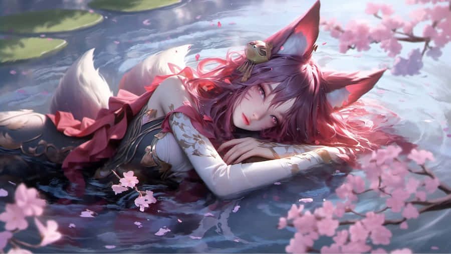 Fox Girl Relaxing Among Cherry Blossoms Wallpaper