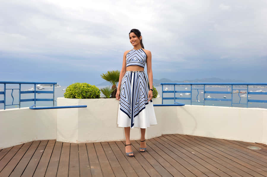 Freida Pinto Smiling Elegantly In A Photoshoot Wallpaper