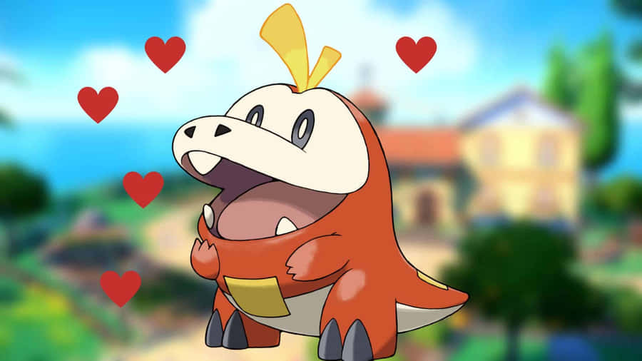 Fuecoco With Red Hearts Illustration Wallpaper