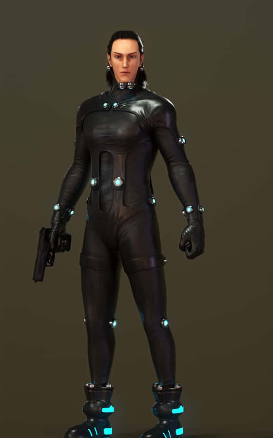 Futuristic Characterin Black Suitwith Blue Lights Wallpaper