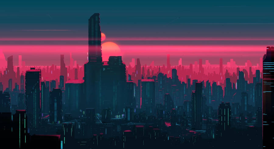 Futuristic Desktop With Pink Sky Wallpaper