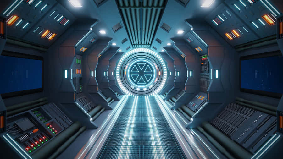 Futuristic Spaceship Corridor Interior Wallpaper