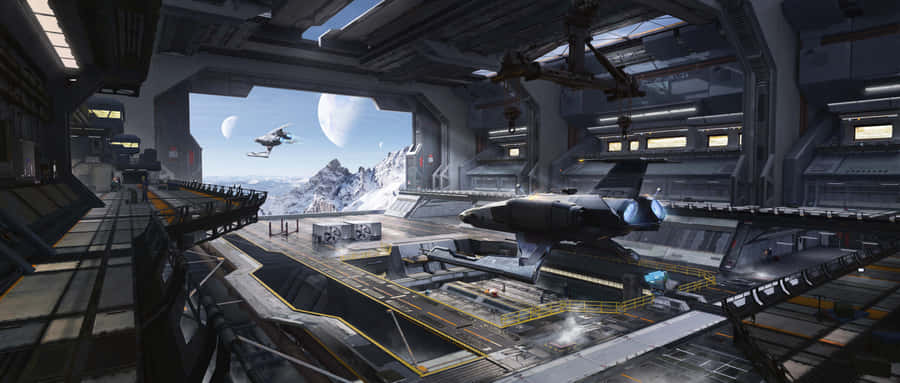 Futuristic Spaceship Hangar Interior Wallpaper