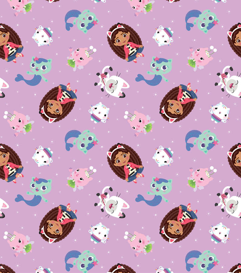 Gabby Dollhouse Characters Pattern Wallpaper