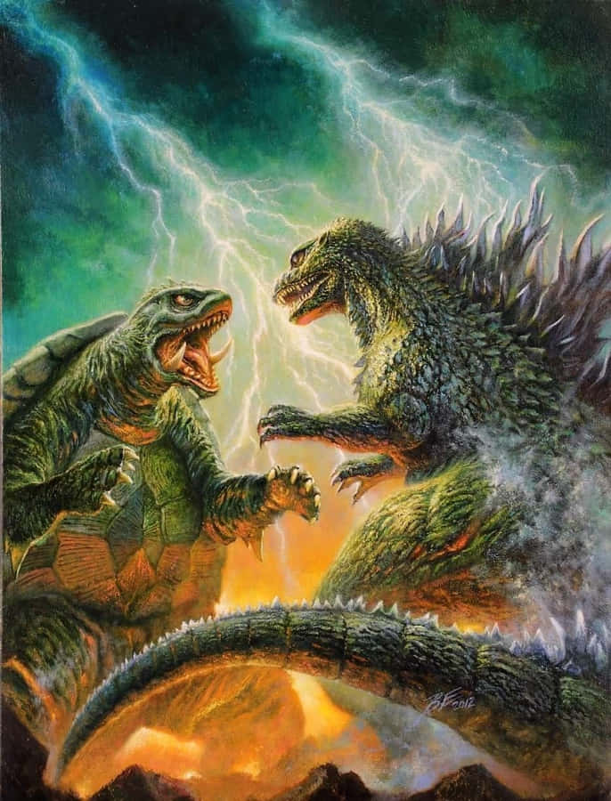 Gamera, The Giant Guardian Monster Standing Tall Amid A Fiery Cityscape Wallpaper