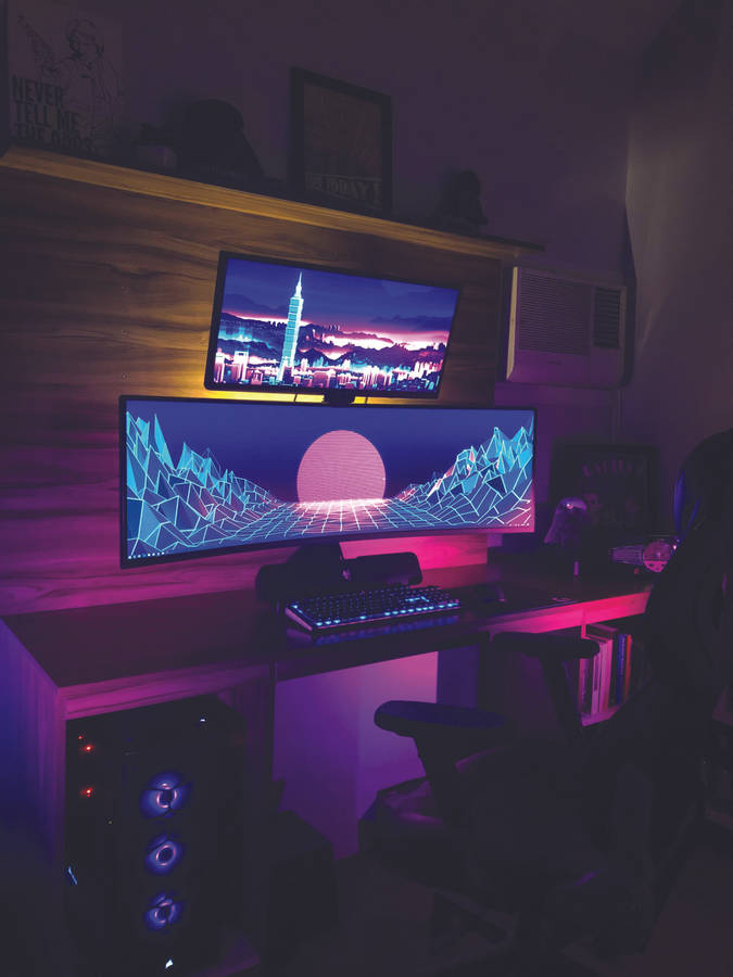 Gaming Room Ultrawide Stacked Monitors Wallpaper