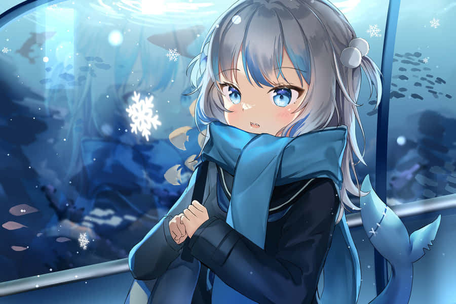 Gawr Gura Anime Style Underwater Scene Wallpaper