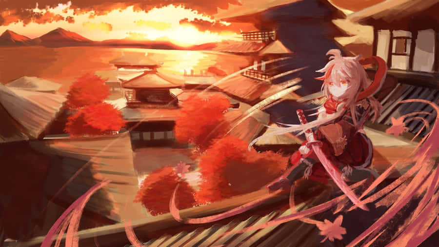 Genshin Impact Kazuha Sitting On A Rooftop Wallpaper