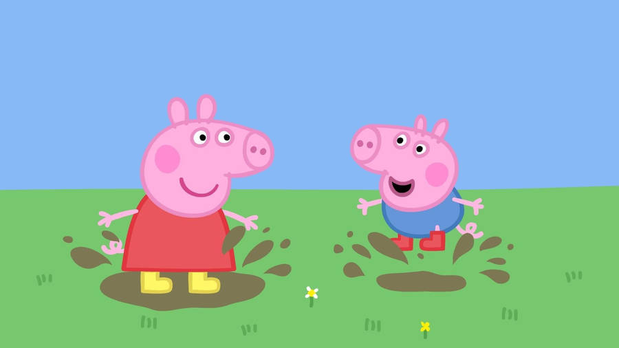 George And Peppa Pig Jumping In A Puddle Wallpaper