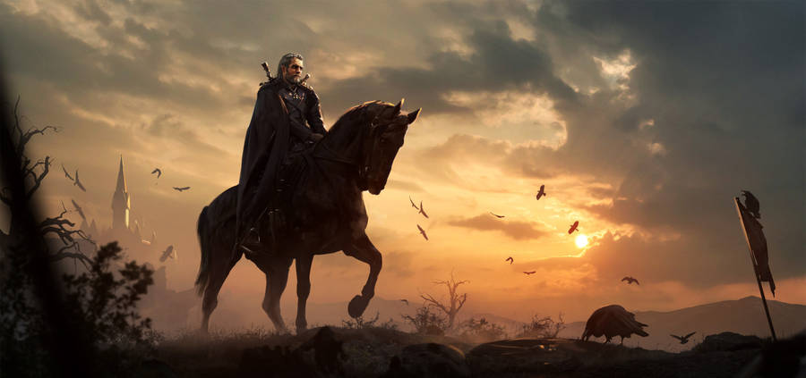 Geralt Of Rivia Takes A Journey On Horseback In The Vast World Of The Witcher 3. Wallpaper