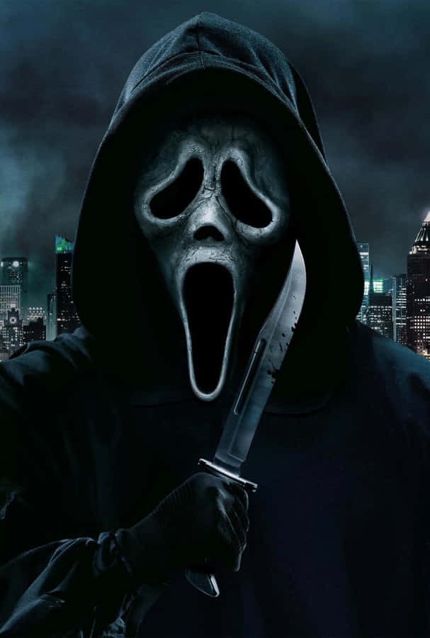 Ghostface Holding Knife Night City Backdrop Wallpaper