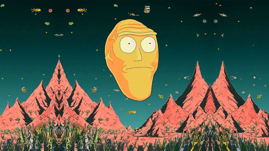 Giant Rick Towers Over Morty In This Surreal Rick And Morty Wallpaper. Wallpaper