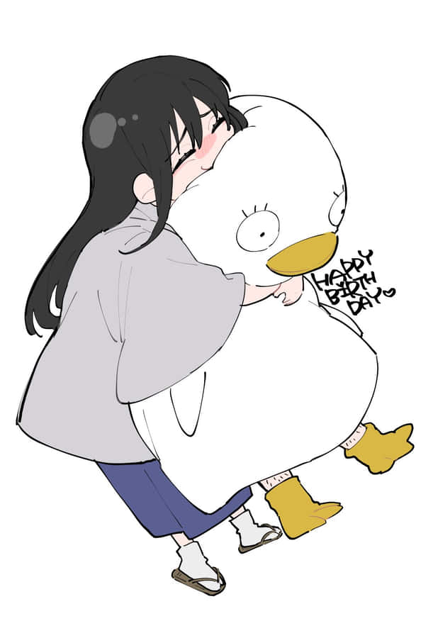 Girl Hugging Giant Duck Cartoon Wallpaper