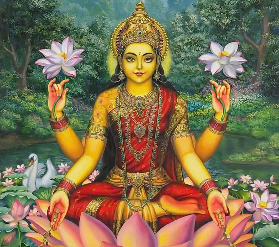 Goddess Lakshmi In Forest White Flowers Hd Wallpaper