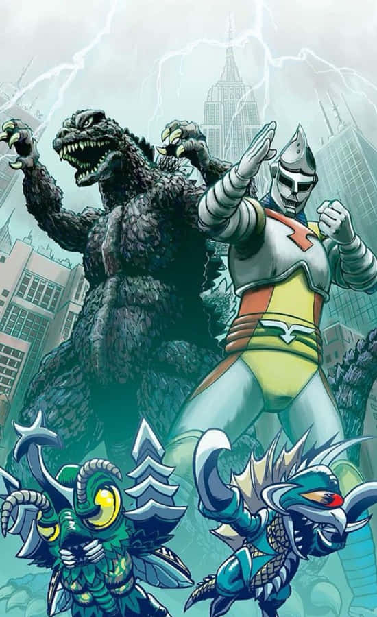Godzilla_ Megalon_ Jet Jaguar_ City Battle_ Artwork Wallpaper