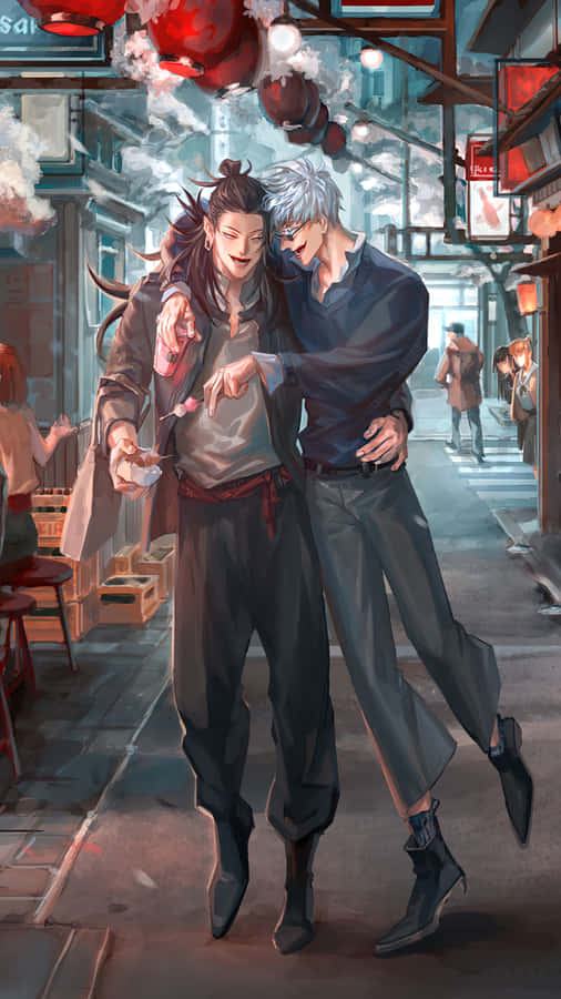 Gojoand Geto Strolling Through Market Wallpaper