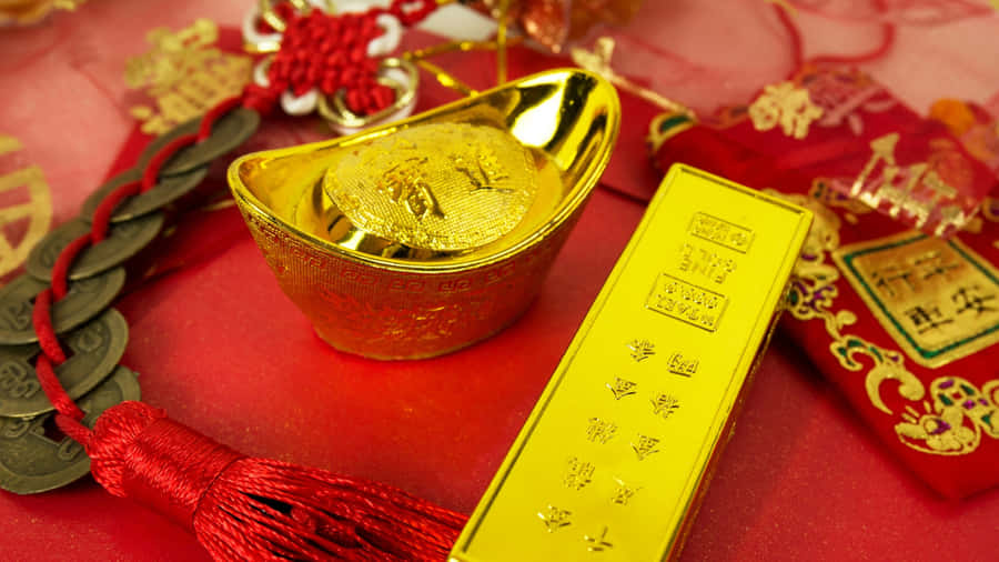 Gold Ingots And Chinese Wealth Symbols Wallpaper