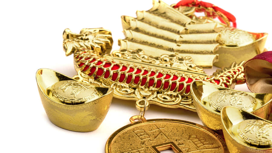 Gold Ingots And Traditional Wealth Symbols Wallpaper