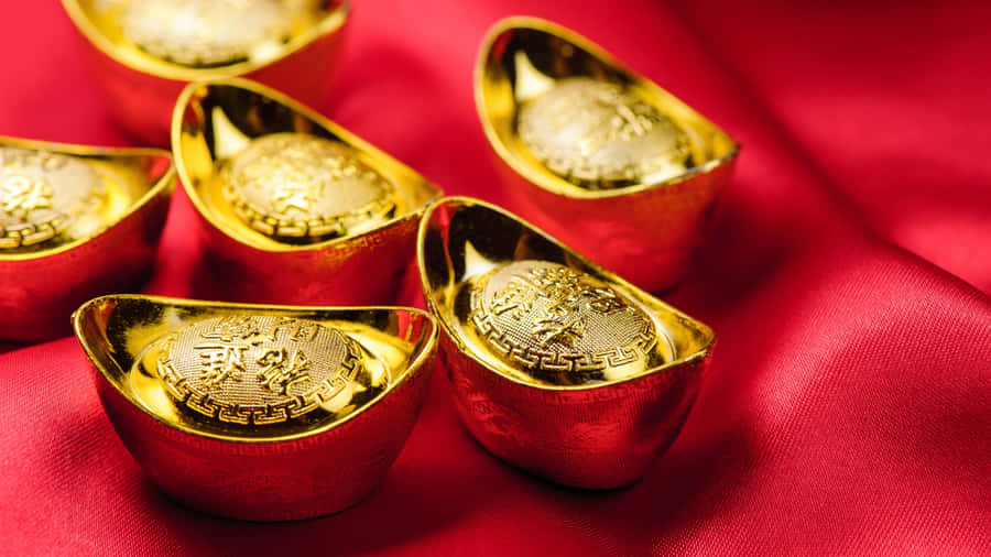Gold Ingots On Red Silk Wallpaper