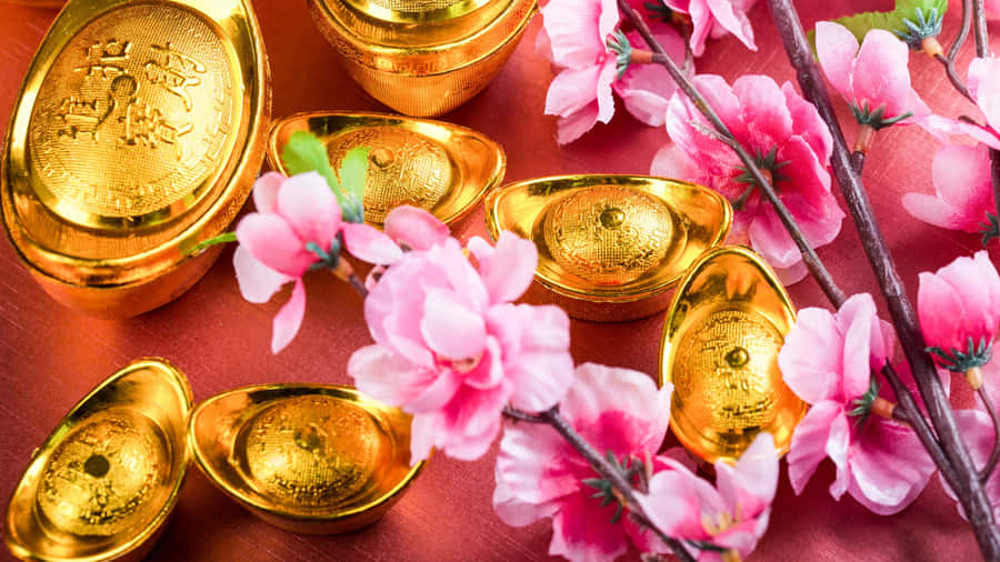 Gold Ingots With Pink Blossoms Wallpaper