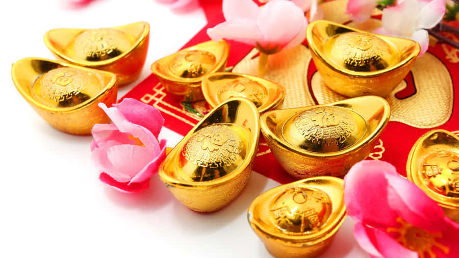 Gold Ingots With Pink Flowers Wallpaper
