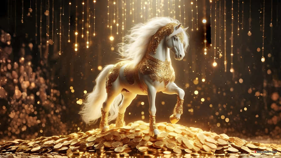 Golden Horse Statue On Coins Wallpaper