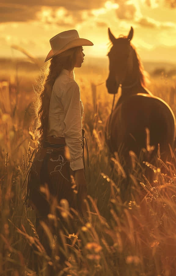 Golden Hour Cowgirl And Horse.jpg Wallpaper