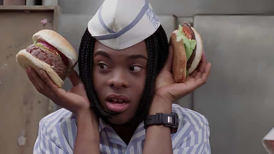Good Burger Employee With Burgers Wallpaper