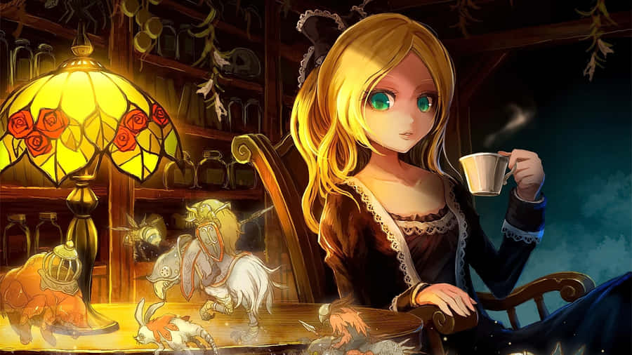Goth Anime Girl In Cafe Wallpaper