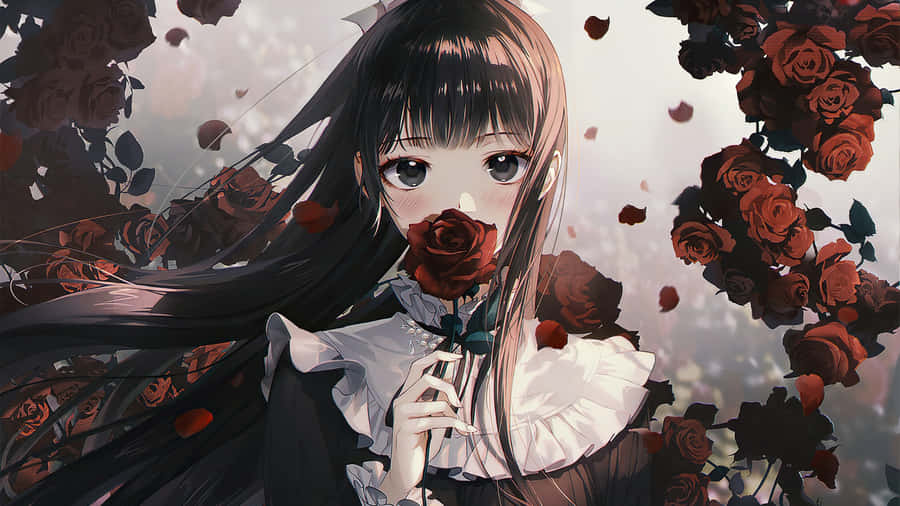 Goth Anime Girl With Roses Wallpaper