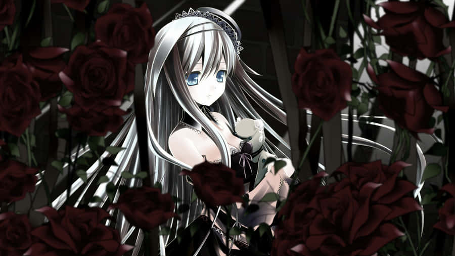 Goth Anime Girl With Roses Wallpaper