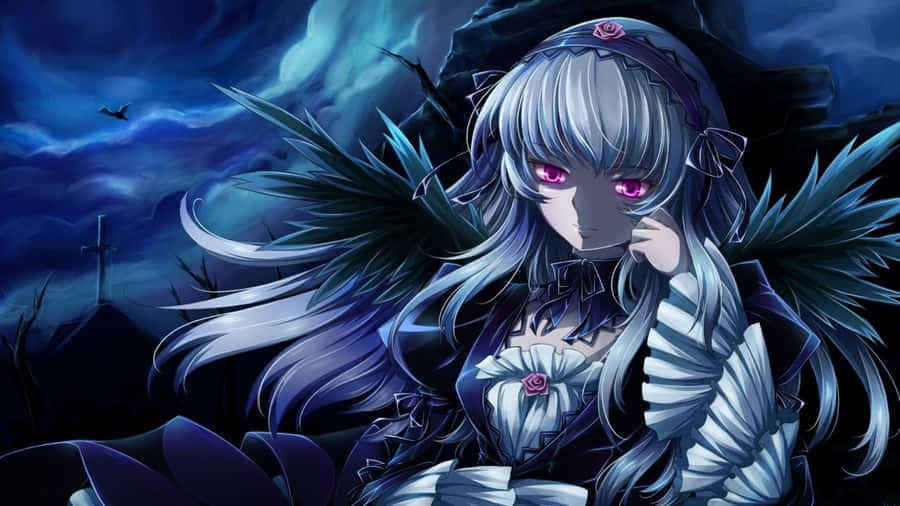 Goth Anime Girl With Wings Wallpaper
