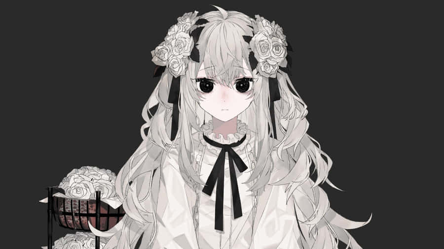 Grey Anime Girl With Flowers Wallpaper