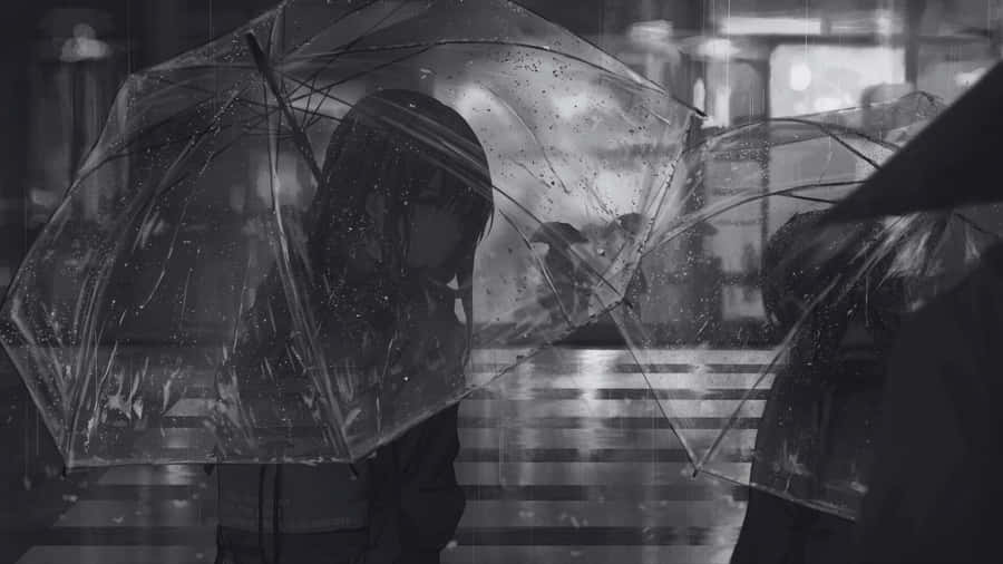 Grey Anime Rain Scene Wallpaper
