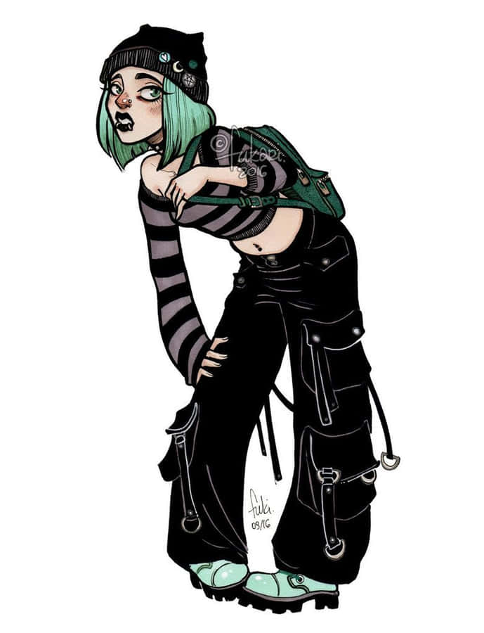 Grunge Cartoon Green Black Girl Aesthetic Wallpaper
