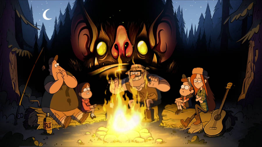 Grunkle Stan Bonfire In Forest Wallpaper