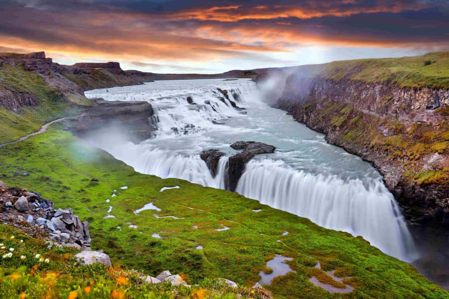 Gullfoss Waterfall In Southwest Iceland During Nightfall Wallpaper
