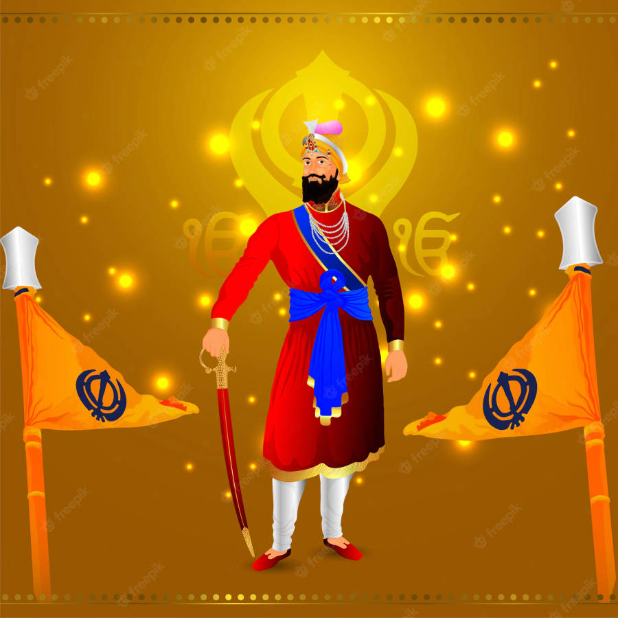 Guru Gobind Singh Ji With Sikh Logos Wallpaper