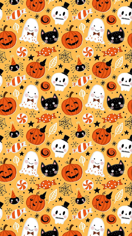 Halloween Pattern Cute Ghosts Pumpkins Cats Skulls Wallpaper