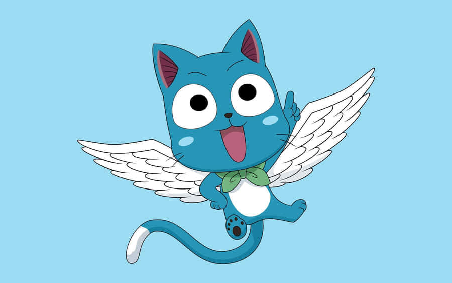 Happy, The Beloved Blue Cat From Fairy Tail, Flying On A Magical Background. Wallpaper